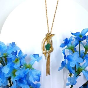 Genuine Jade Vintage Art Deco Style Necklace with Tassel and Pearl Accents
